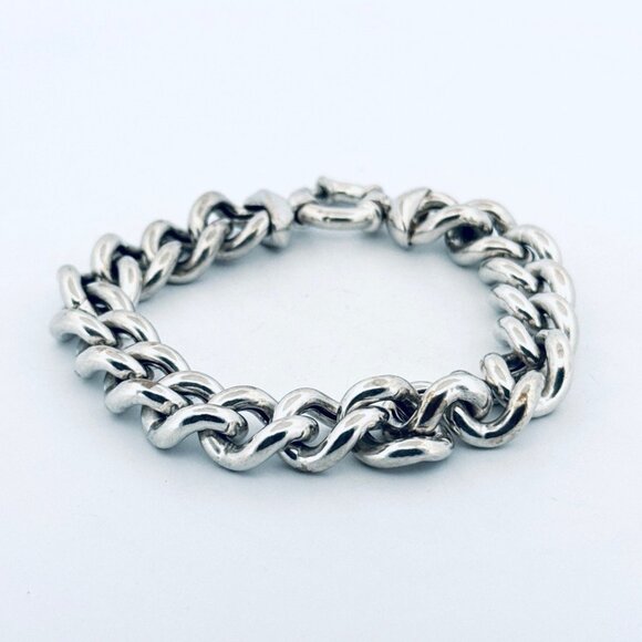 Italian Sterling Silver 925 Chunky Curb Bracelet Unisex, Large Spring Ring Clasp - Picture 2 of 12